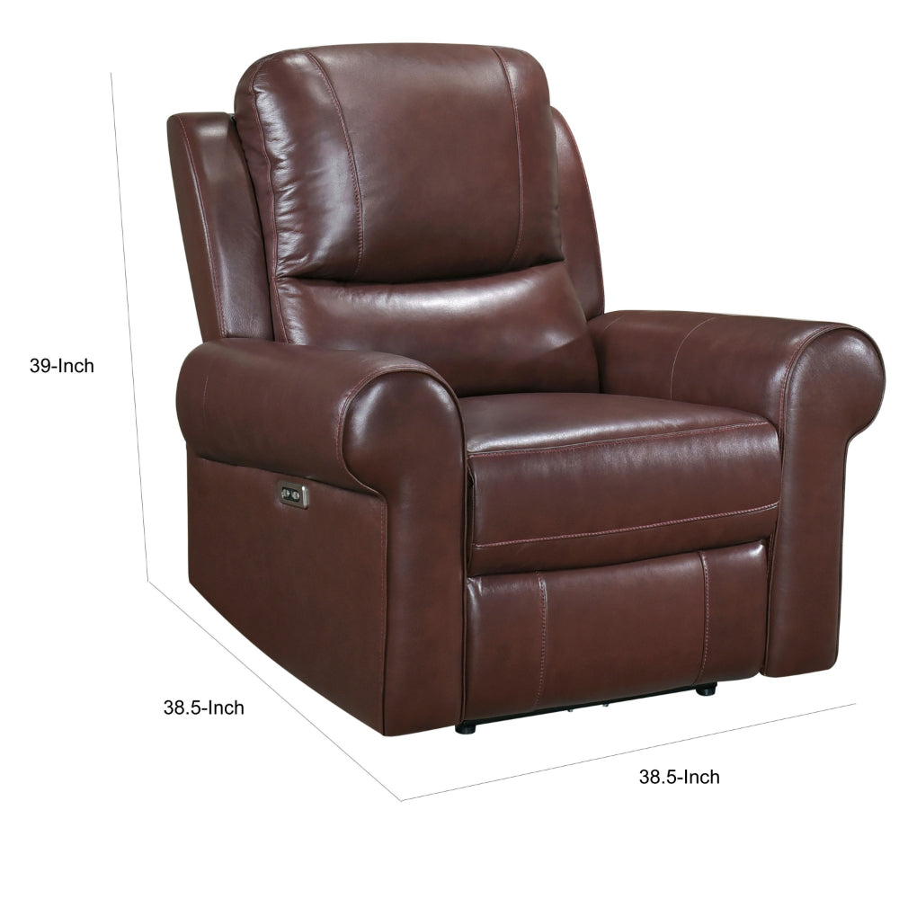 Michael 39 Inch Power Recliner Chair, USB Port, Brown Top Grain Leather - BM314767