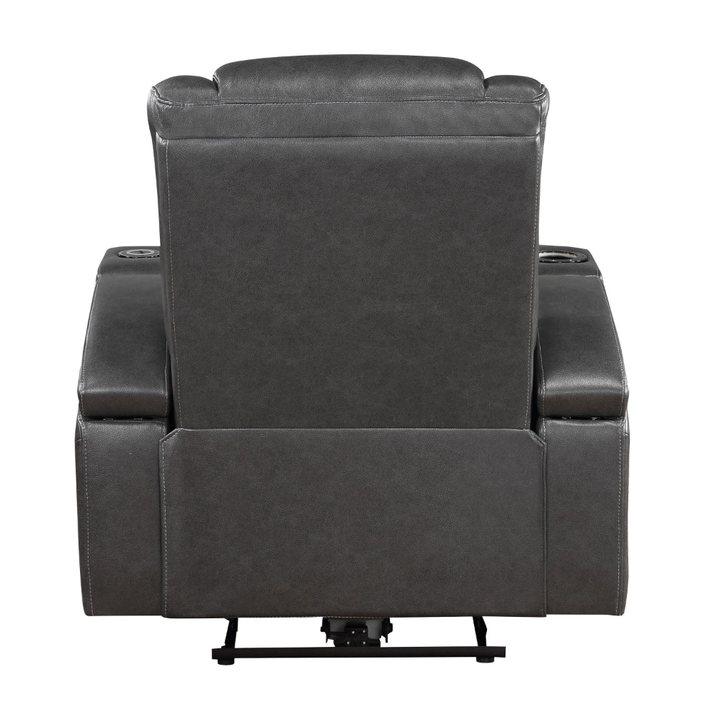 Emily 38 Inch Power Recliner Chair, Cooling Cupholder, LED, Gray PU Leather - BM314796