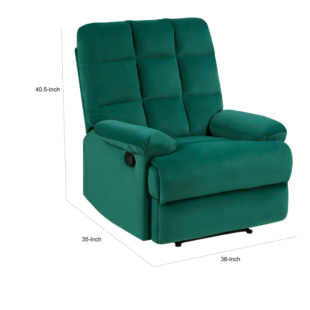 Patty 36 Inch Manual Recliner Chair, Cushioned, Green Velvet, Solid Wood - BM314798