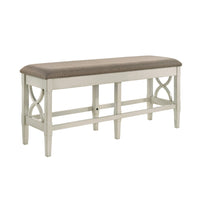 Marie 55 Inch Counter Height Bench, Khaki Fabric Upholstered, Beige Wood - BM314803