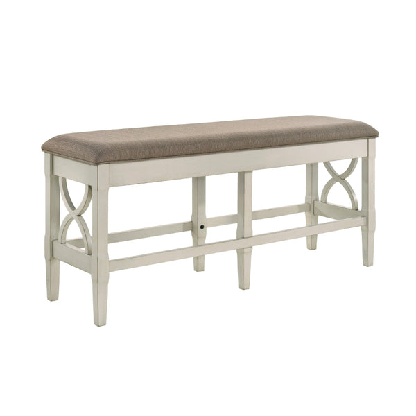 Marie 55 Inch Counter Height Bench, Khaki Fabric Upholstered, Beige Wood - BM314803