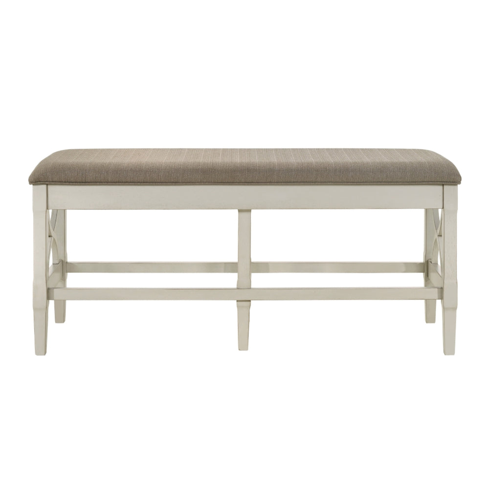 Marie 55 Inch Counter Height Bench, Khaki Fabric Upholstered, Beige Wood - BM314803