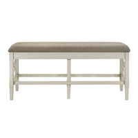 Marie 55 Inch Counter Height Bench, Khaki Fabric Upholstered, Beige Wood - BM314803