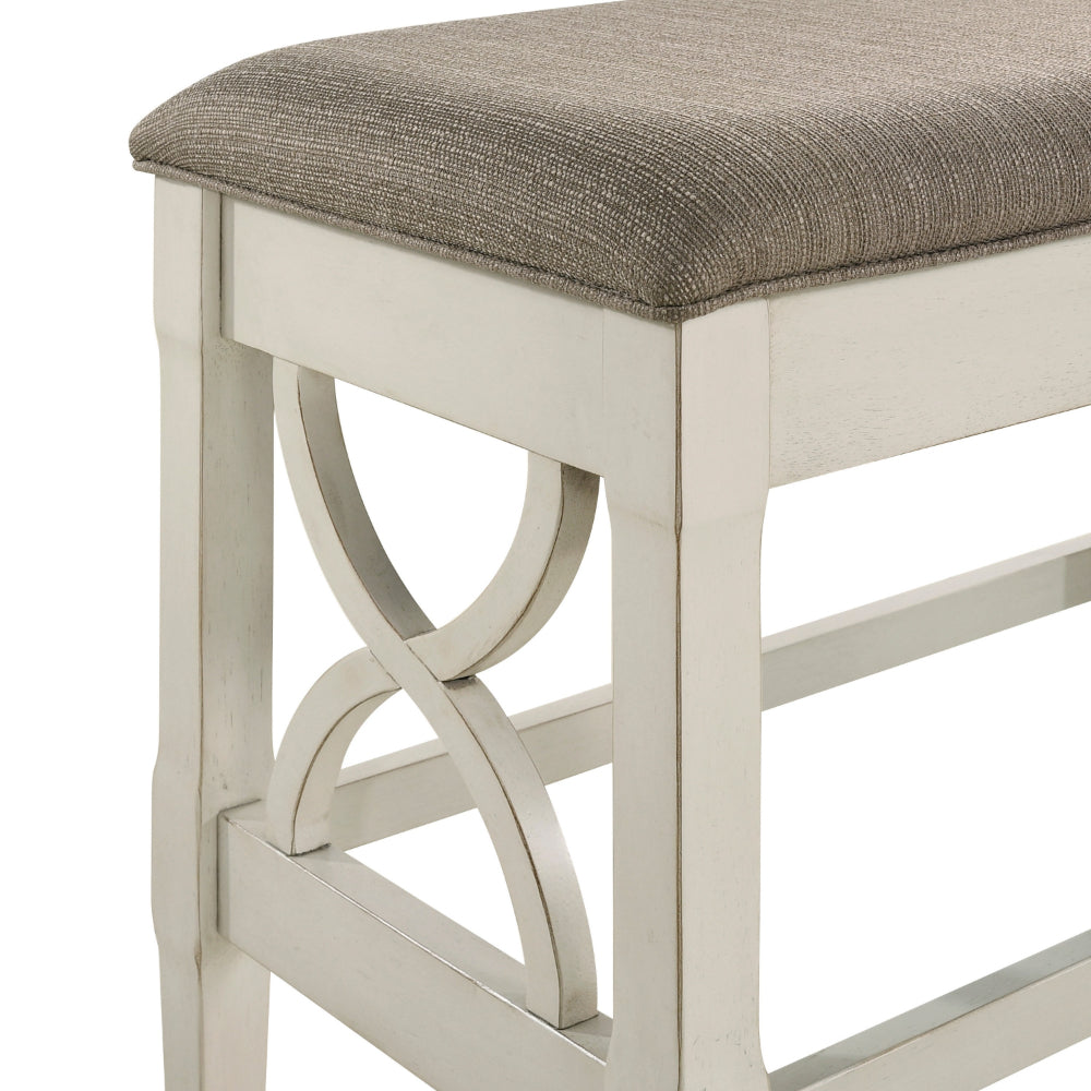 Marie 55 Inch Counter Height Bench, Khaki Fabric Upholstered, Beige Wood - BM314803