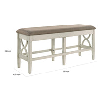 Marie 55 Inch Counter Height Bench, Khaki Fabric Upholstered, Beige Wood - BM314803