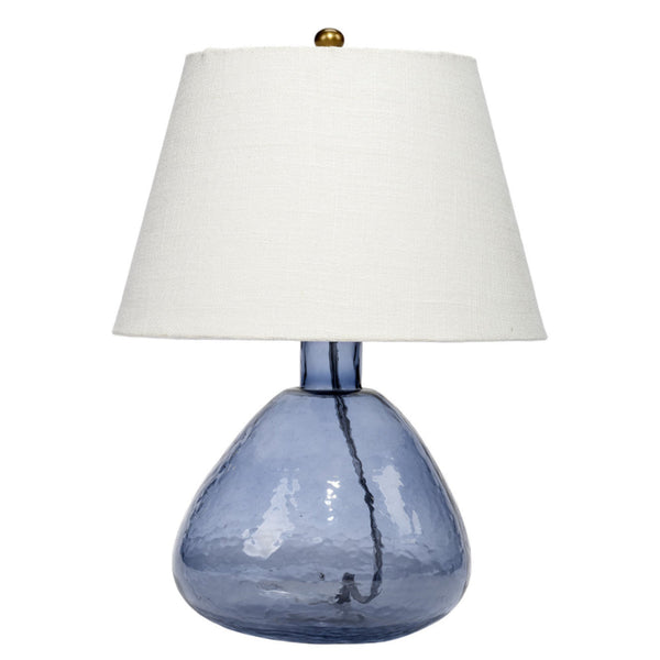 Navi 17 Inch Table Lamp, White Linen Drum Shade, Blue Glass Curved Body - BM314838