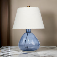 Navi 17 Inch Table Lamp, White Linen Drum Shade, Blue Glass Curved Body - BM314838