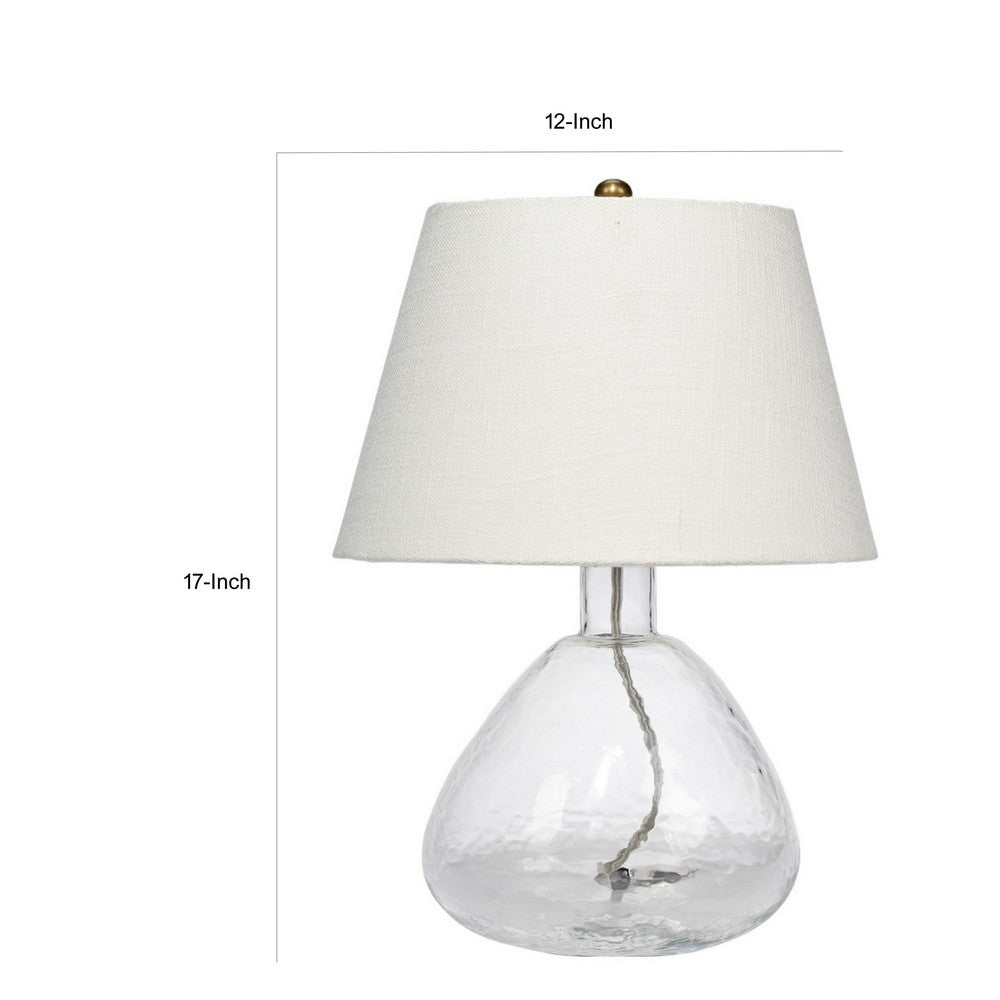 Navi 17 Inch Table Lamp, White Linen Drum Shade, Clear Glass Curved Body