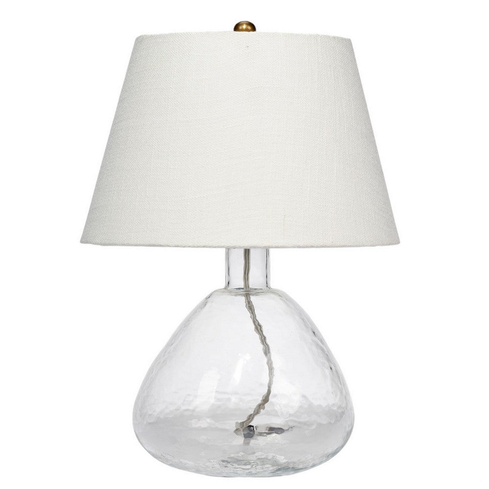 Navi 17 Inch Table Lamp, White Linen Drum Shade, Clear Glass Curved Body - BM314839