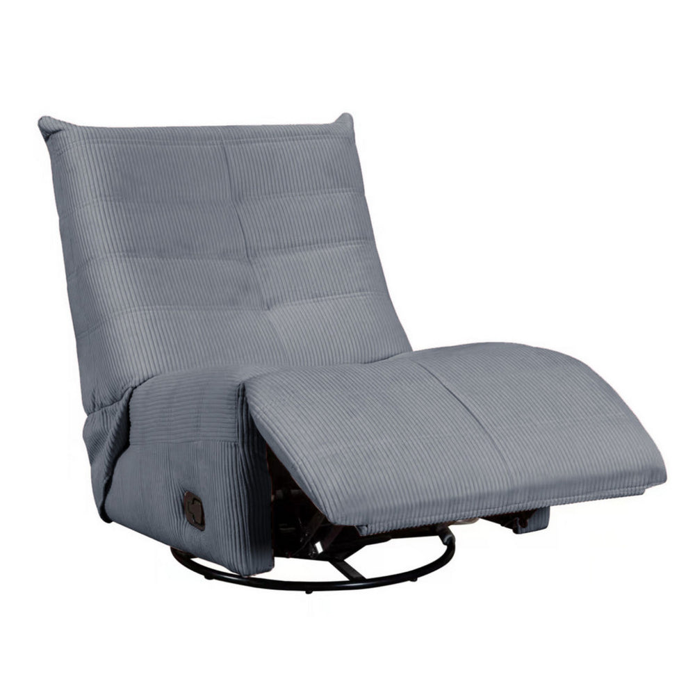 Gea 35 Inch Swivel Recliner Chair, Tufted, Blue Gray Corduroy, Solid Wood - BM314850