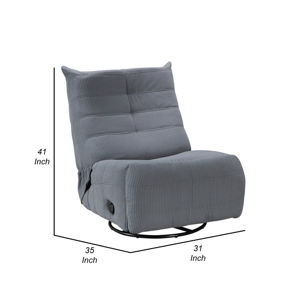 Gea 35 Inch Swivel Recliner Chair, Tufted, Blue Gray Corduroy, Solid Wood - BM314850