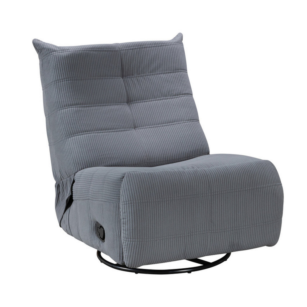 Gea 35 Inch Swivel Recliner Chair, Tufted, Blue Gray Corduroy, Solid Wood - BM314850