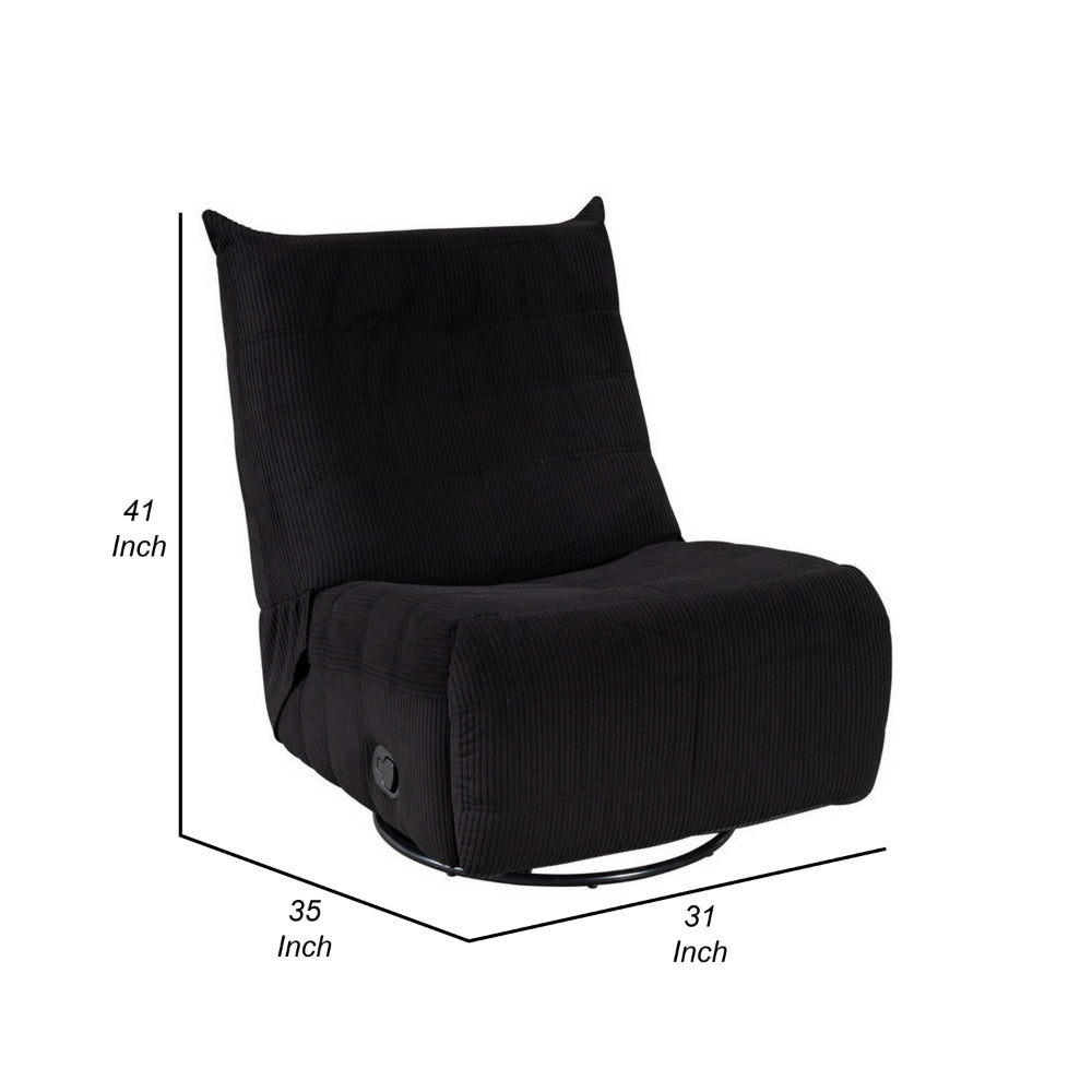 Gea 35 Inch Swivel Recliner Chair, Tufted, Black Corduroy, Solid Wood - BM314851