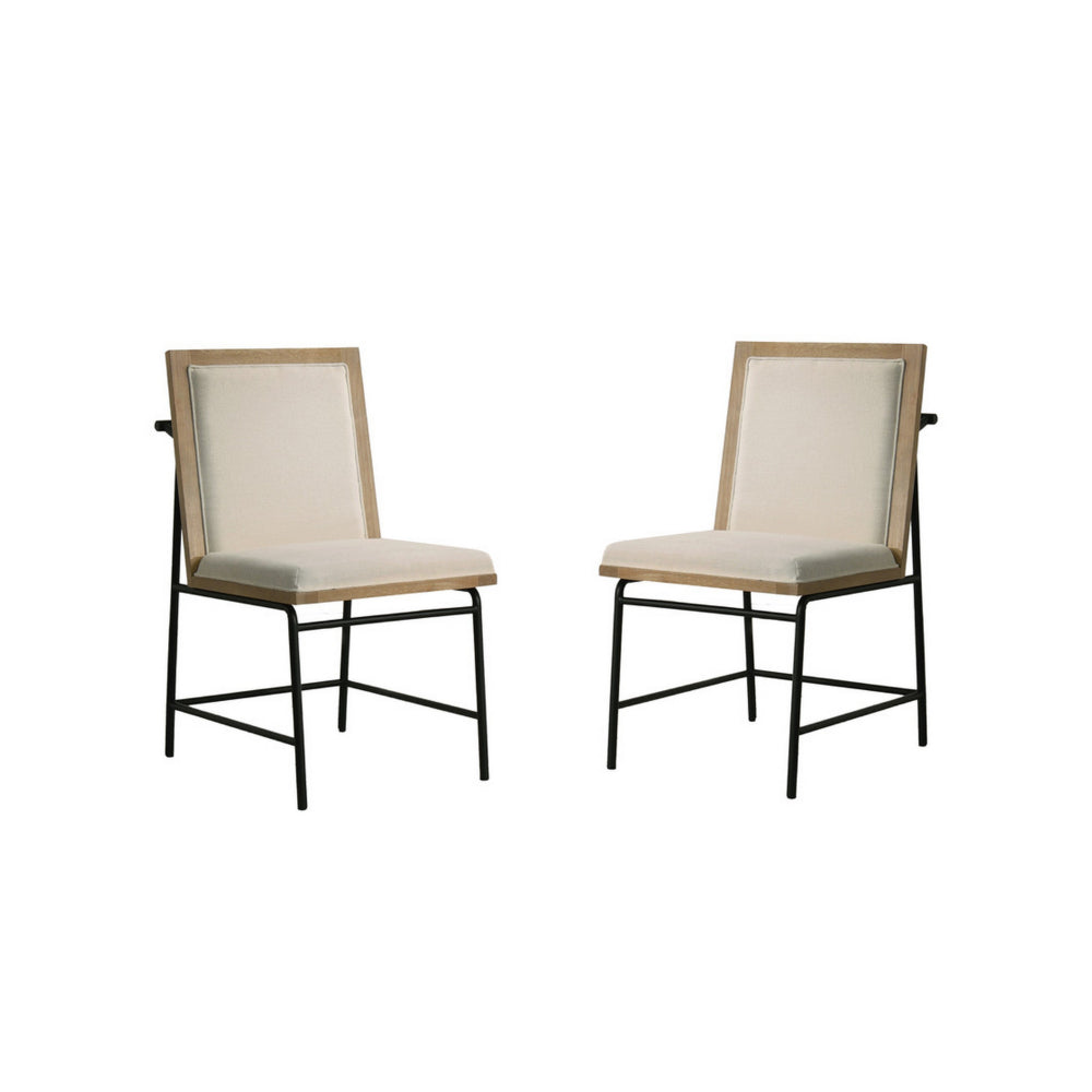 Tory 25 Inch Dining Chair Set of 2, Cream Fabric, Brown Wood, Black Metal - BM314856