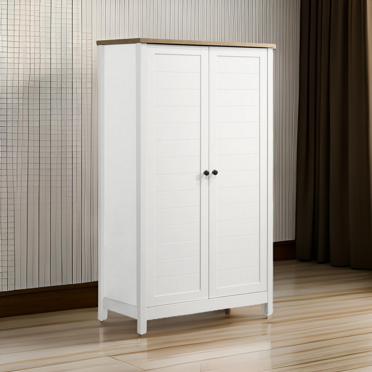 Aie 60 Inch Storage Cabinet, Framed Slatted Panel Doors, White, Brown Wood - BM314887