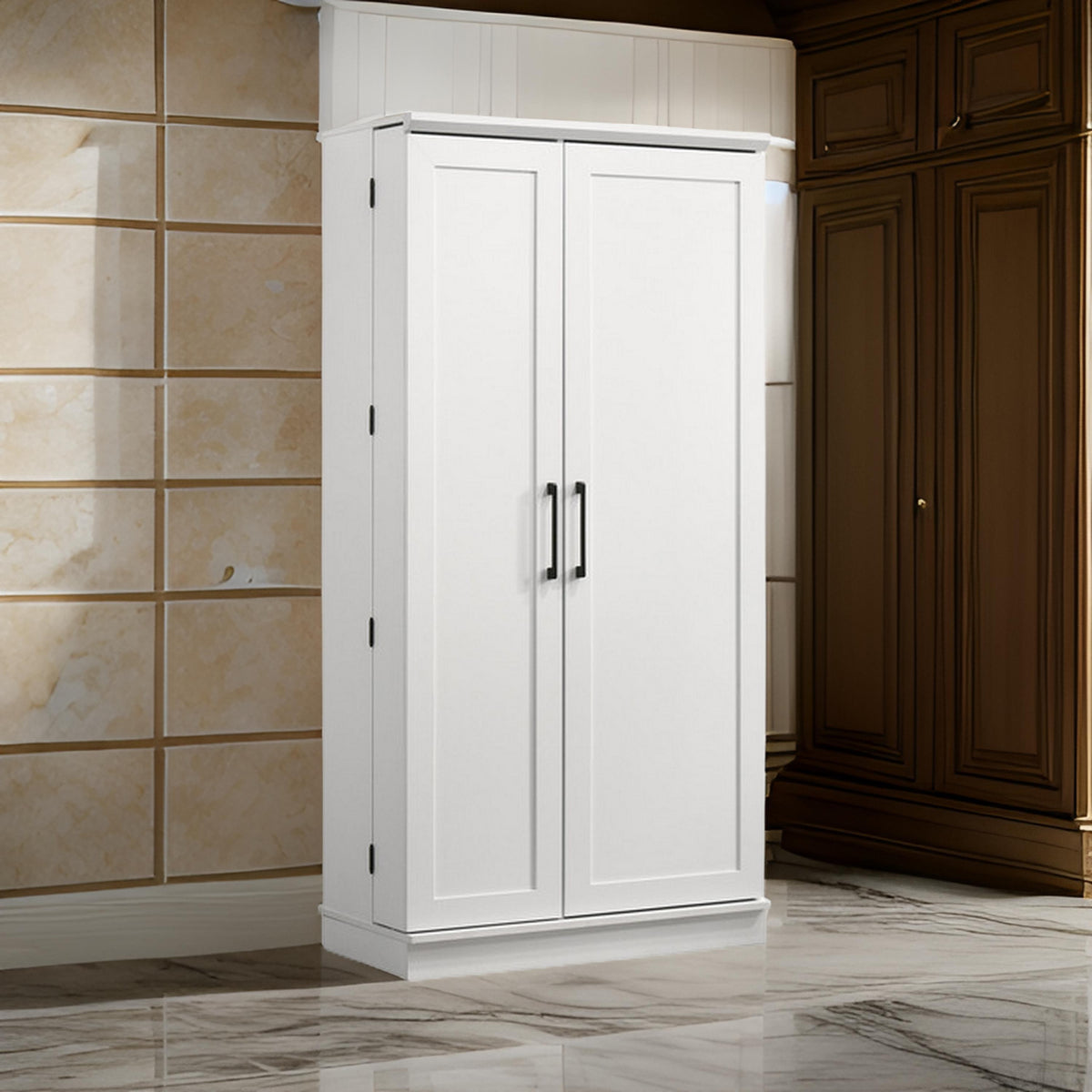 Coe 71 Inch Storage Cabinet Wardrobe with Swing Out Door, White Solid Wood - BM314889