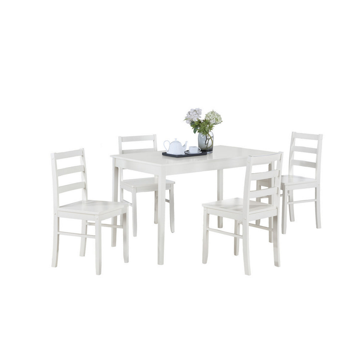 Lav 5 Piece Dining Table and 4 Chair Set, Open Backs, White Solid Wood - BM314899