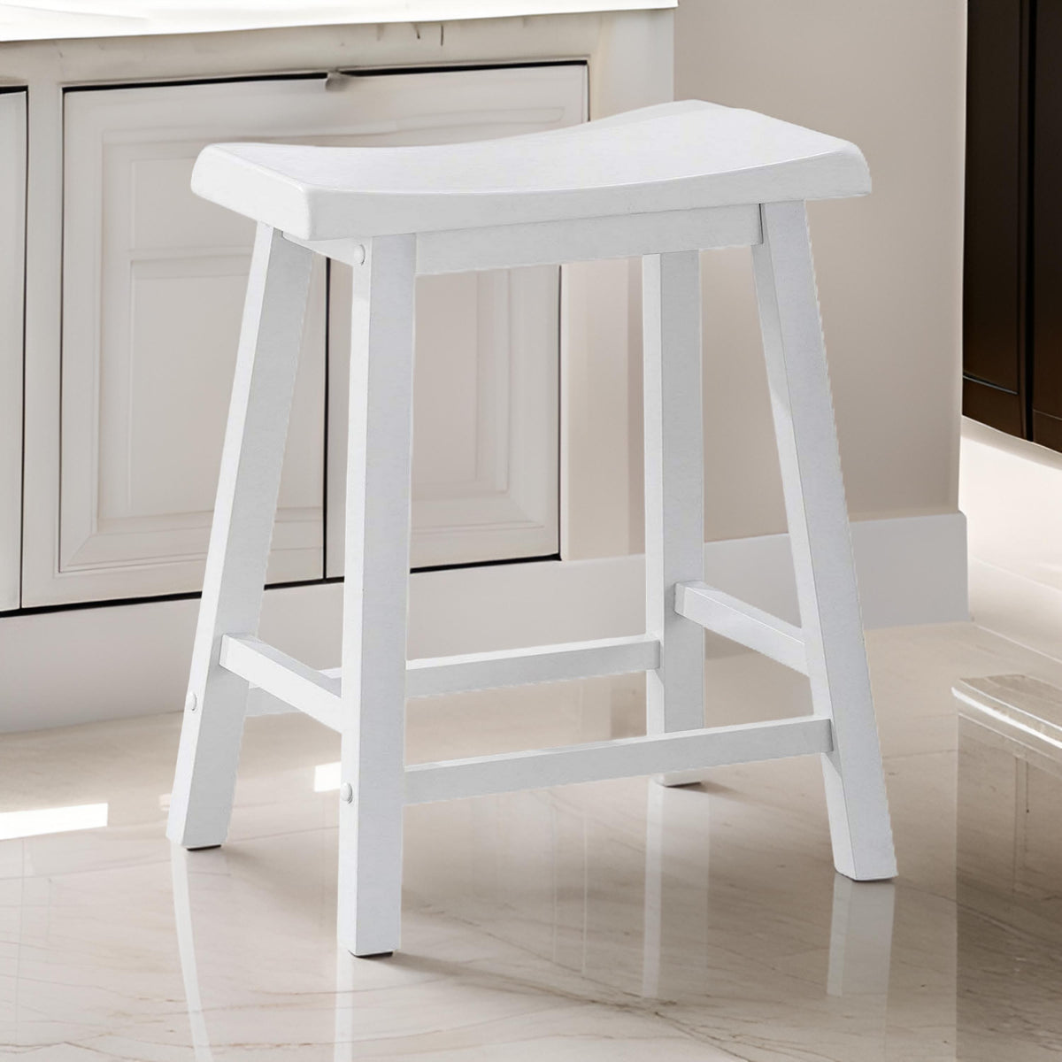 Lon 24 Inch Counter Height Stool Set of 2, Backless Saddle Seat, White Wood - BM314904