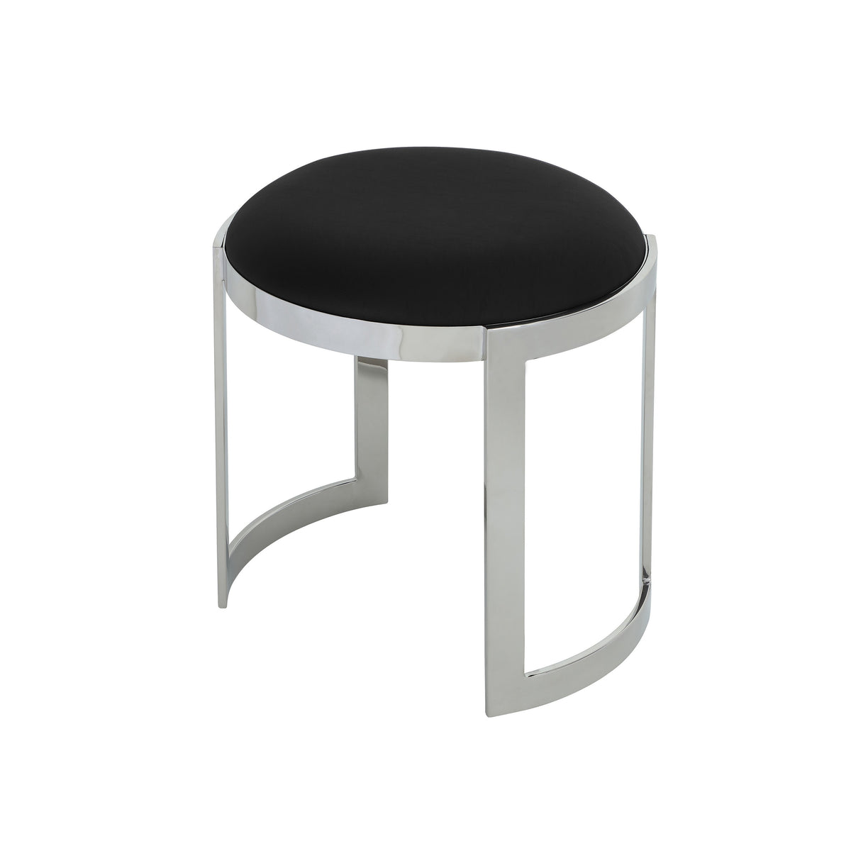 Niyo 19 Inch Accent Stool Ottoman Ottoman, Round Black Faux Leather, Silver - BM314917