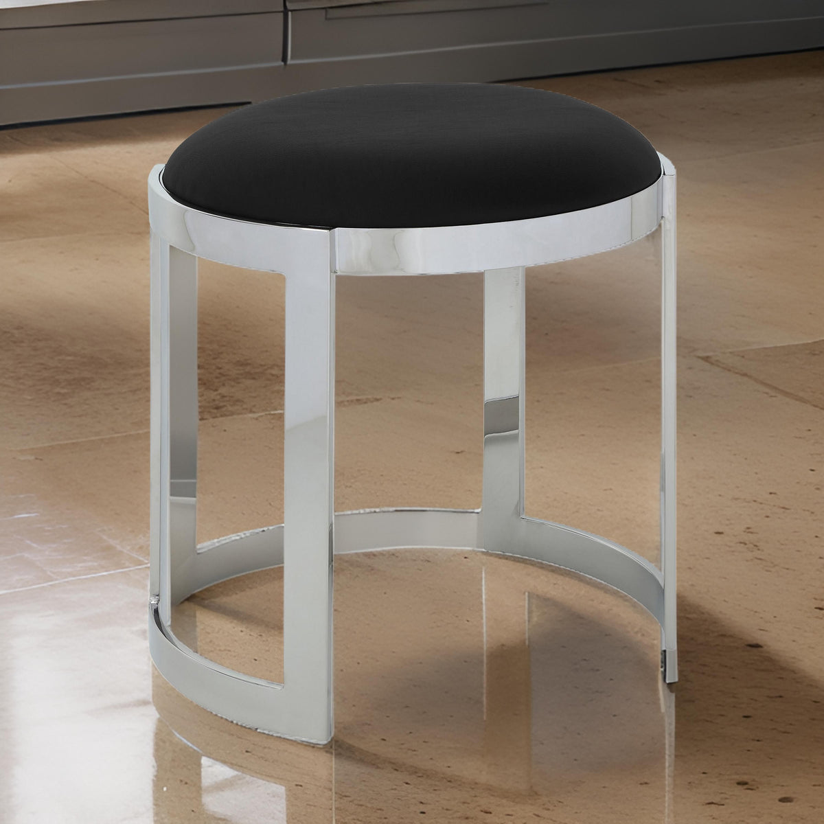 Niyo 19 Inch Accent Stool Ottoman Ottoman, Round Black Faux Leather, Silver - BM314917