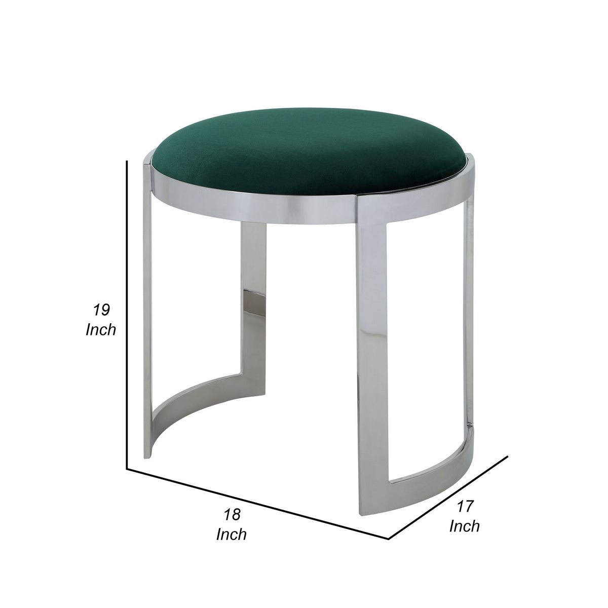 Niyo 19 Inch Accent Stool Ottoman, Round Seat, Soft Green Velvet, Silver - BM314918