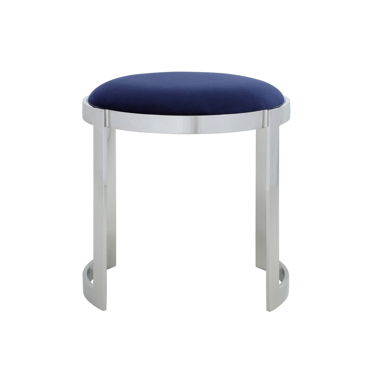 Niyo 19 Inch Accent Stool Ottoman, Round Seat, Soft Blue Velvet, Silver - BM314919