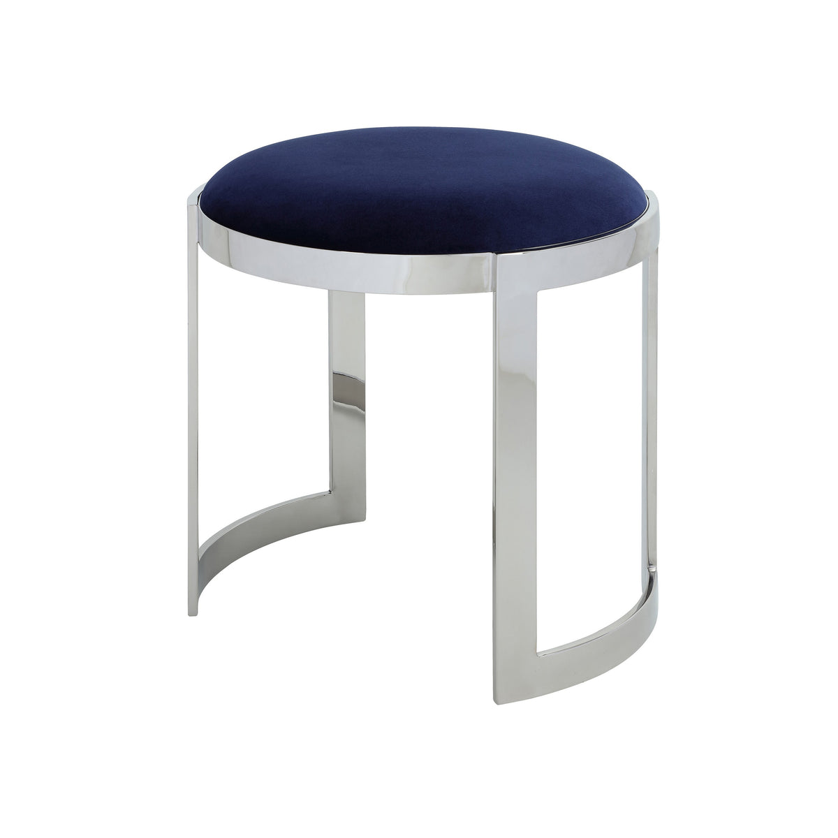 Niyo 19 Inch Accent Stool Ottoman, Round Seat, Soft Blue Velvet, Silver - BM314919