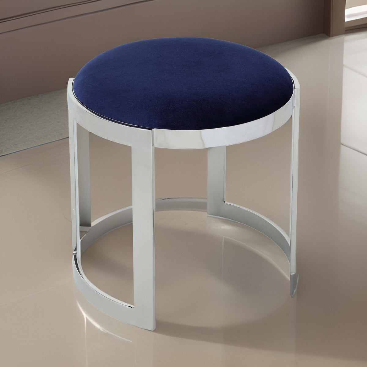 Niyo 19 Inch Accent Stool Ottoman, Round Seat, Soft Blue Velvet, Silver - BM314919