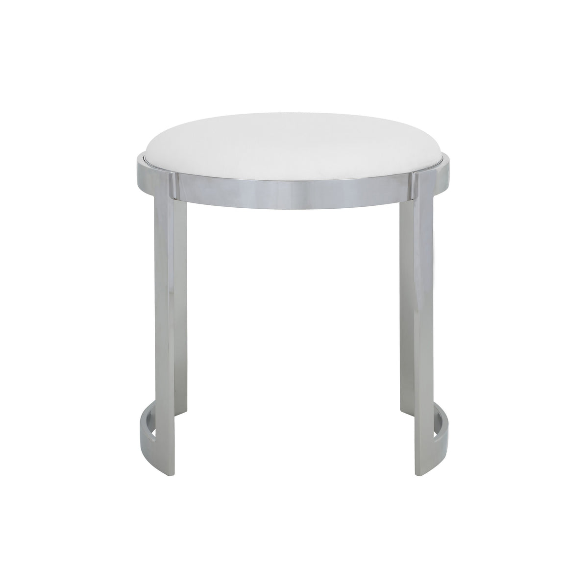 Niyo 19 Inch Accent Stool Ottoman, Round Seat, White Faux Leather, Silver - BM314920