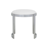 Niyo 19 Inch Accent Stool Ottoman, Round Seat, White Faux Leather, Silver - BM314920