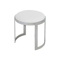 Niyo 19 Inch Accent Stool Ottoman, Round Seat, White Faux Leather, Silver - BM314920