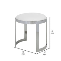 Niyo 19 Inch Accent Stool Ottoman, Round Seat, White Faux Leather, Silver - BM314920