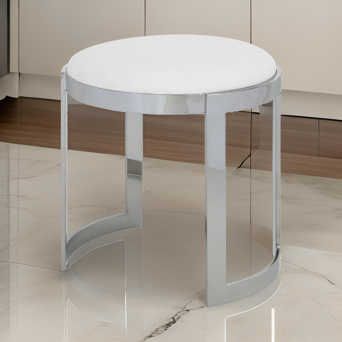 Niyo 19 Inch Accent Stool Ottoman, Round Seat, White Faux Leather, Silver - BM314920