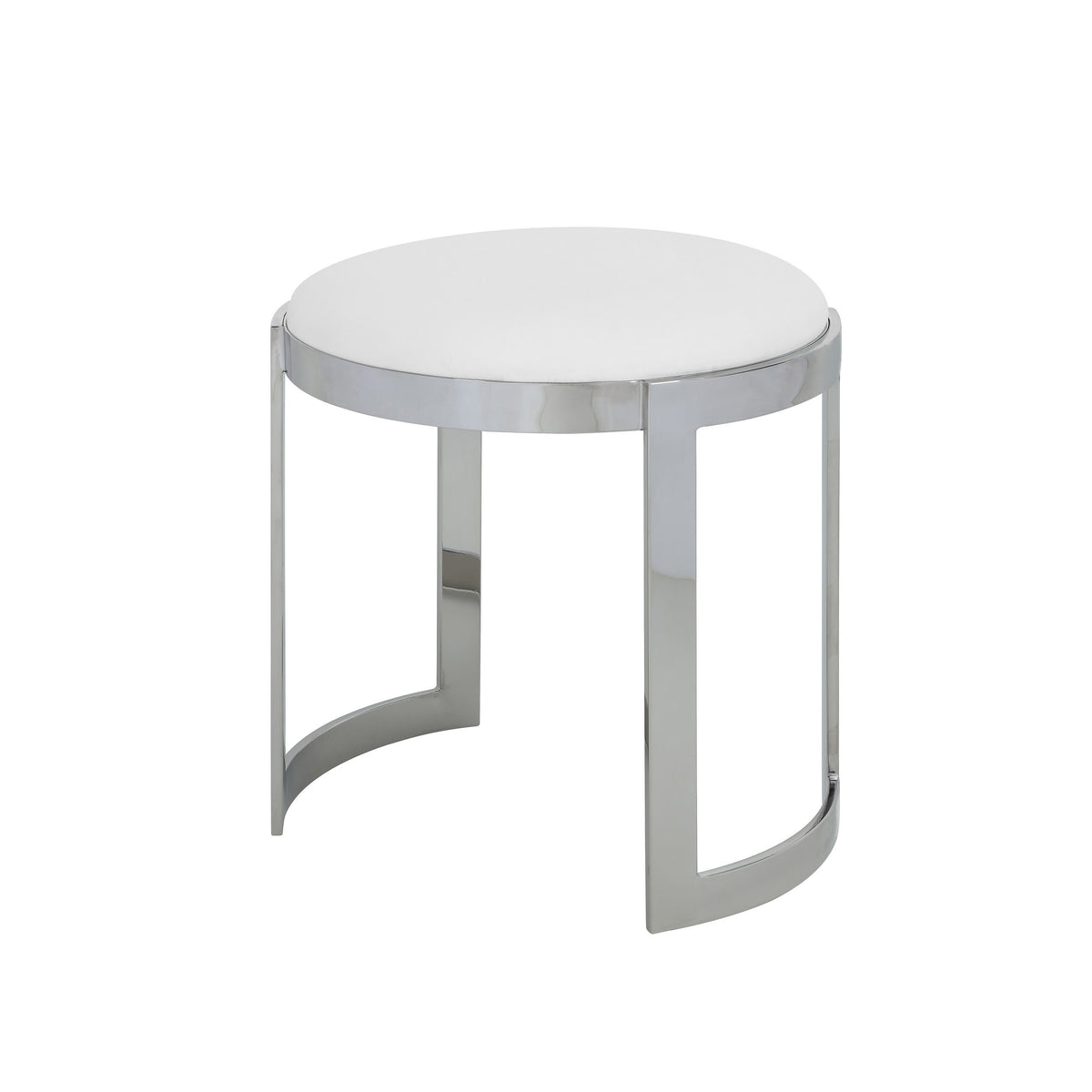 Niyo 19 Inch Accent Stool Ottoman, Round Seat, White Faux Leather, Silver - BM314920