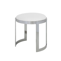 Niyo 19 Inch Accent Stool Ottoman, Round Seat, White Faux Leather, Silver - BM314920