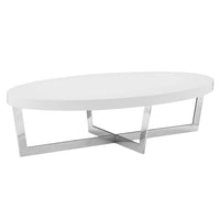 Tini 55 Inch Coffee Table, Oval Shaped Top, Metal Frame, White Finish - BM314921