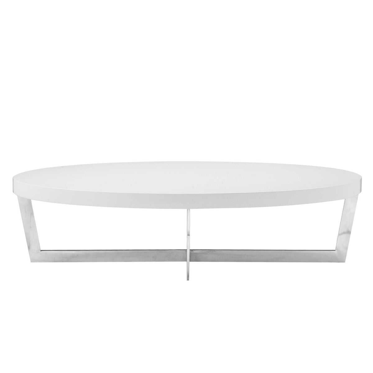 Tini 55 Inch Coffee Table, Oval Shaped Top, Metal Frame, White Finish - BM314921