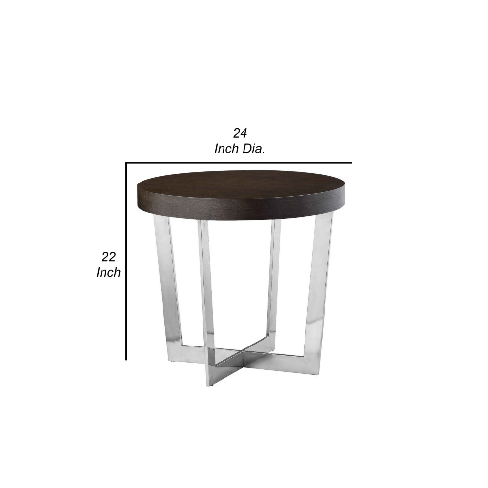 Tini 24 Inch Side End Table, Round Shaped Top, Metal Frame, Espresso Brown - BM314922