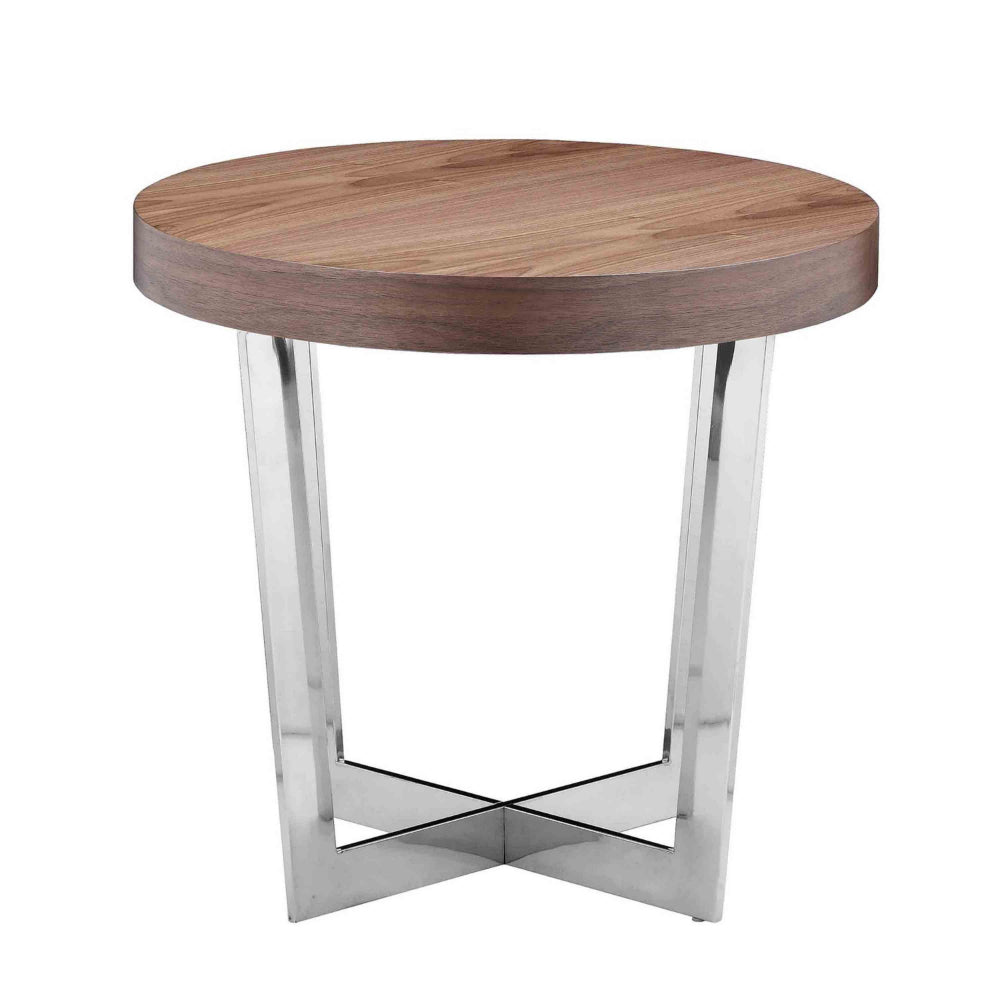 Tini 24 Inch Side End Table, Round Shaped Top, Metal Frame, Walnut Brown - BM314923