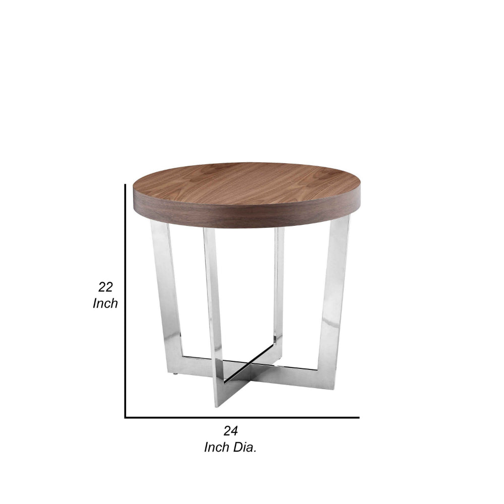 Tini 24 Inch Side End Table, Round Shaped Top, Metal Frame, Walnut Brown - BM314923