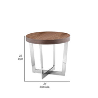 Tini 24 Inch Side End Table, Round Shaped Top, Metal Frame, Walnut Brown - BM314923