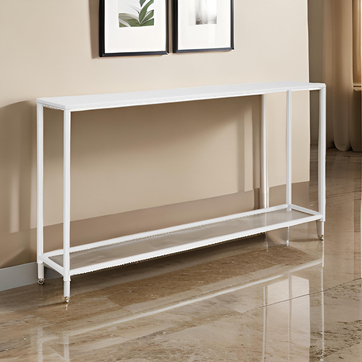 Eme 56 Inch Console Table, Rectangular Top, White Finish Metal Frame  - BM314931