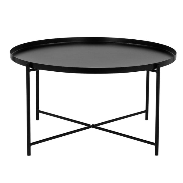 Ely 33 Inch Coffee Table, Round Tray Top, Cross Base, Black Metal Finish - BM314935