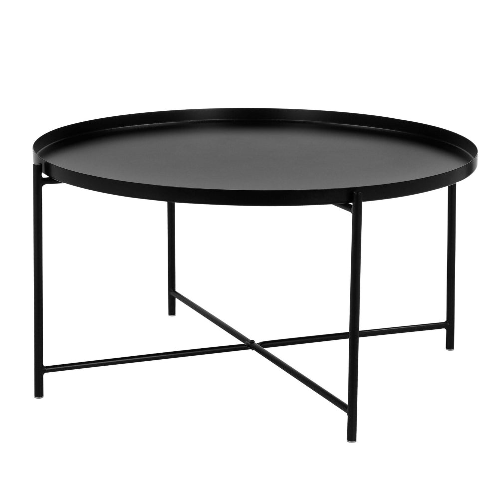 Ely 33 Inch Coffee Table, Round Tray Top, Cross Base, Black Metal Finish - BM314935