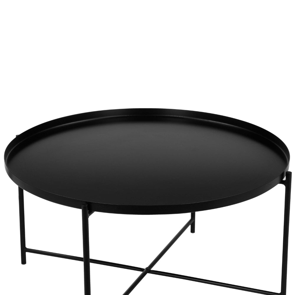 Ely 33 Inch Coffee Table, Round Tray Top, Cross Base, Black Metal Finish - BM314935