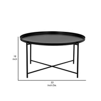 Ely 33 Inch Coffee Table, Round Tray Top, Cross Base, Black Metal Finish - BM314935