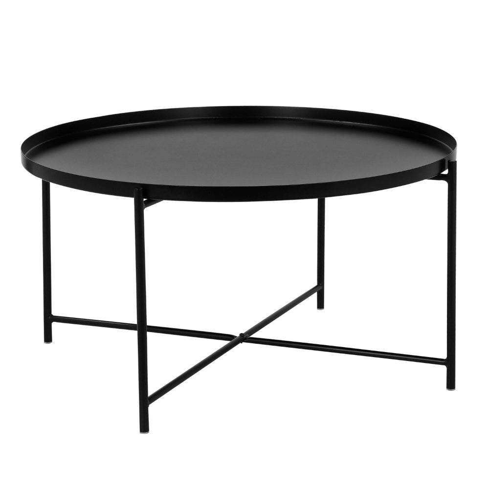 Ely 33 Inch Coffee Table, Round Tray Top, Cross Base, Black Metal Finish - BM314935