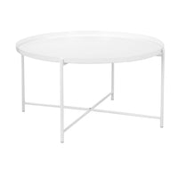 Ely 33 Inch Coffee Table, Round Top with Cross Base, White Metal Finish - BM314936