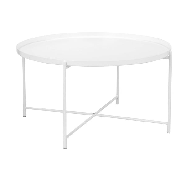 Ely 33 Inch Coffee Table, Round Top with Cross Base, White Metal Finish - BM314936