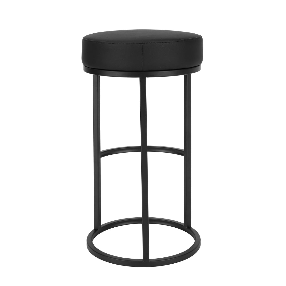 Tane 30 Inch Barstool, Round Black Faux Leather Padded Seat, Black Metal - BM314947